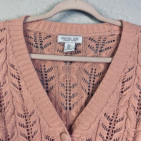 RACHEL ZOE Cardigan Sweater V-Neck Knit Crocheted 3 Button Pale Pink Ribbed Cuff - Picture 3 of 12